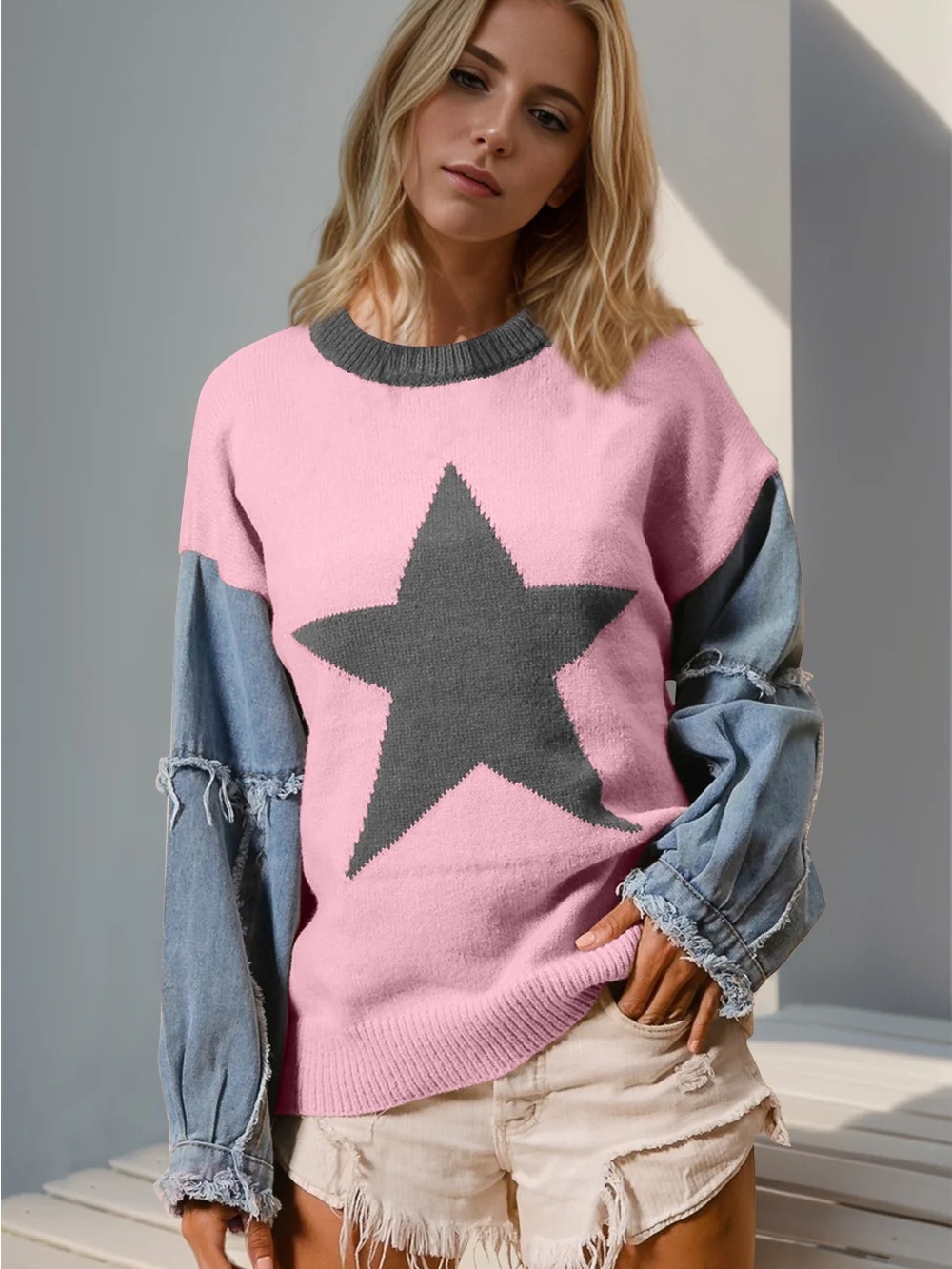 Double Take Star Knit Denim Sleeve Sweater Pink Grey S/M New